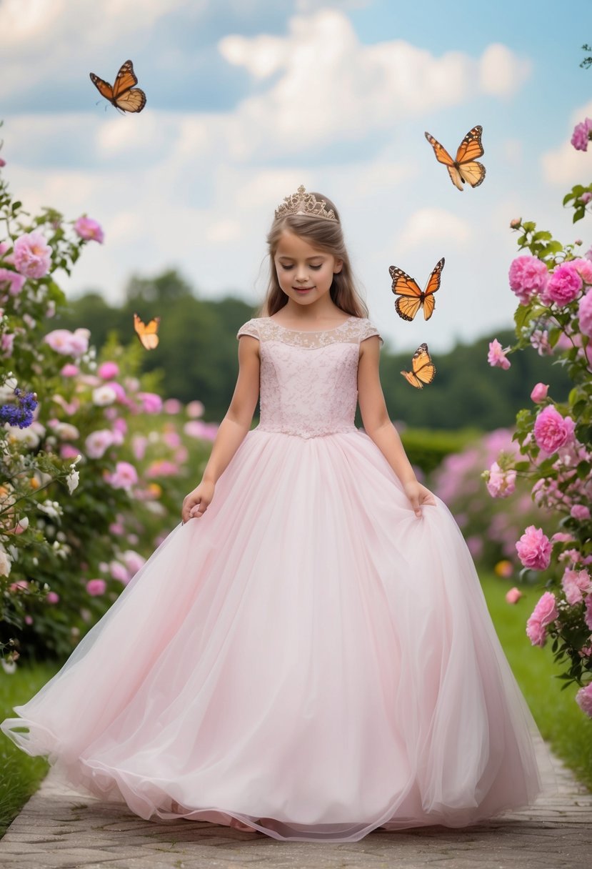 A young girl twirls in a floor-length princess gown, surrounded by blooming flowers and fluttering butterflies