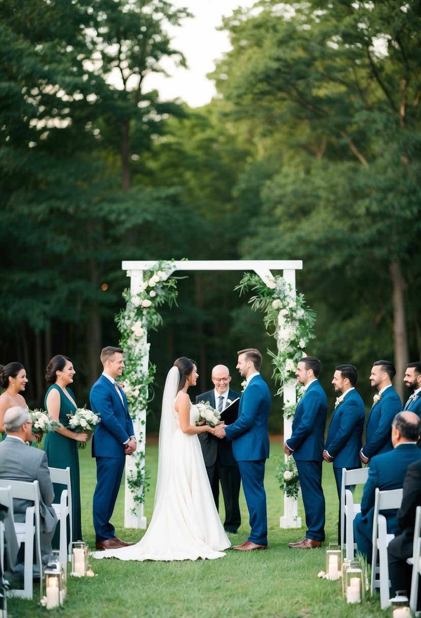 A simple outdoor ceremony with minimal decorations and a small group of guests gathered around a budget-friendly archway