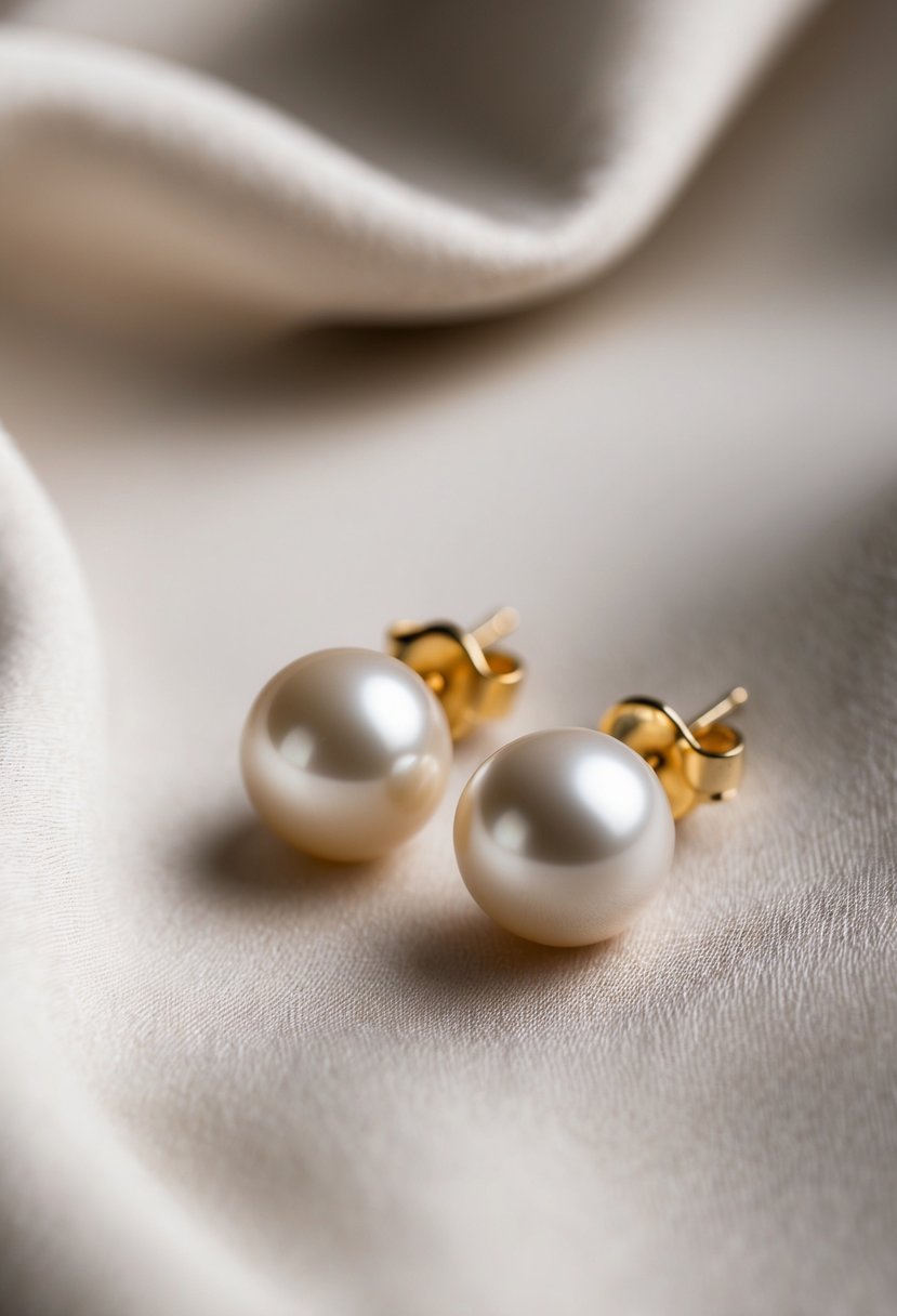 A pair of delicate gold pearl bridal earrings by Tania Maras, resting on a soft, luxurious fabric background