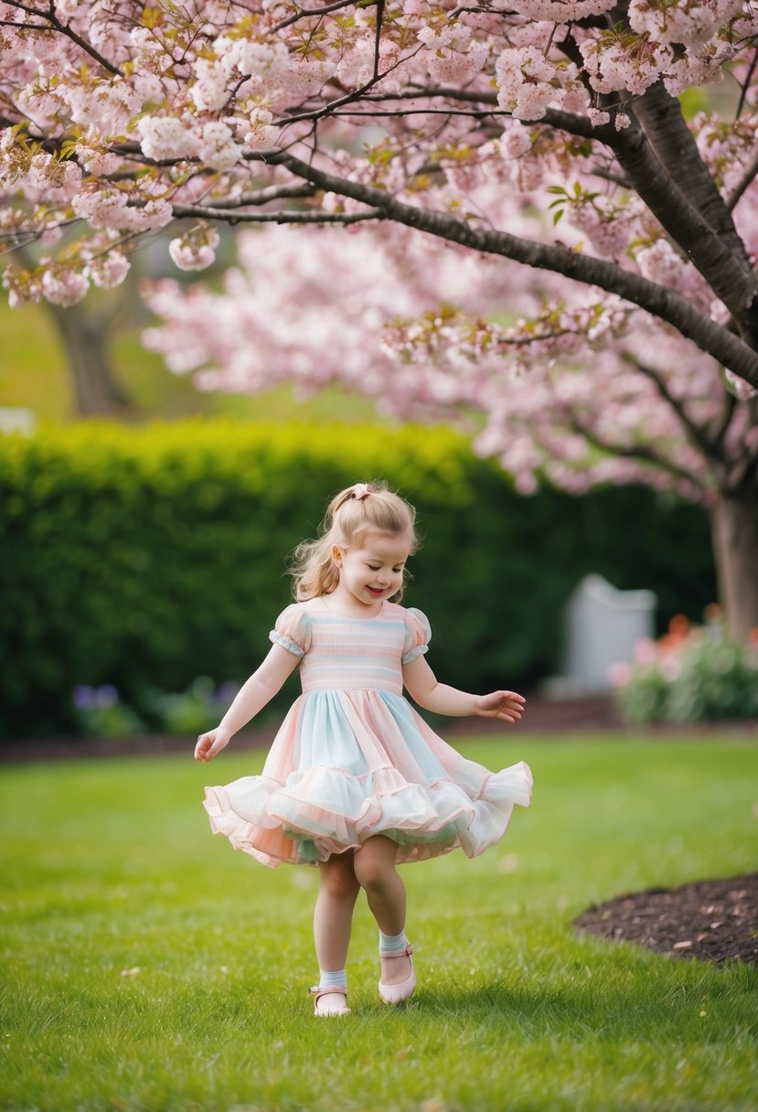 A garden scene with a blooming cherry blossom tree and a young girl twirling in a frilly pastel dress