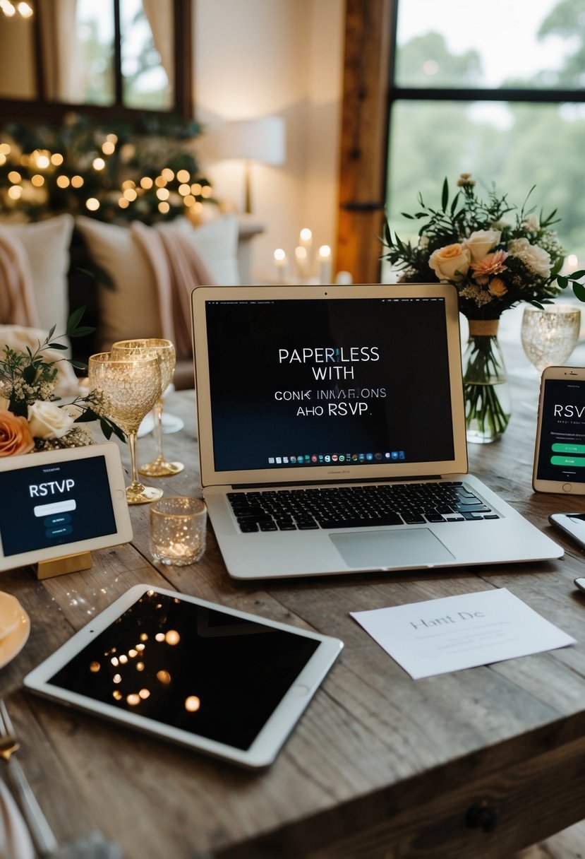 A cozy, intimate wedding setting with digital devices and decorative elements, showcasing the concept of going paperless for invitations and RSVPs