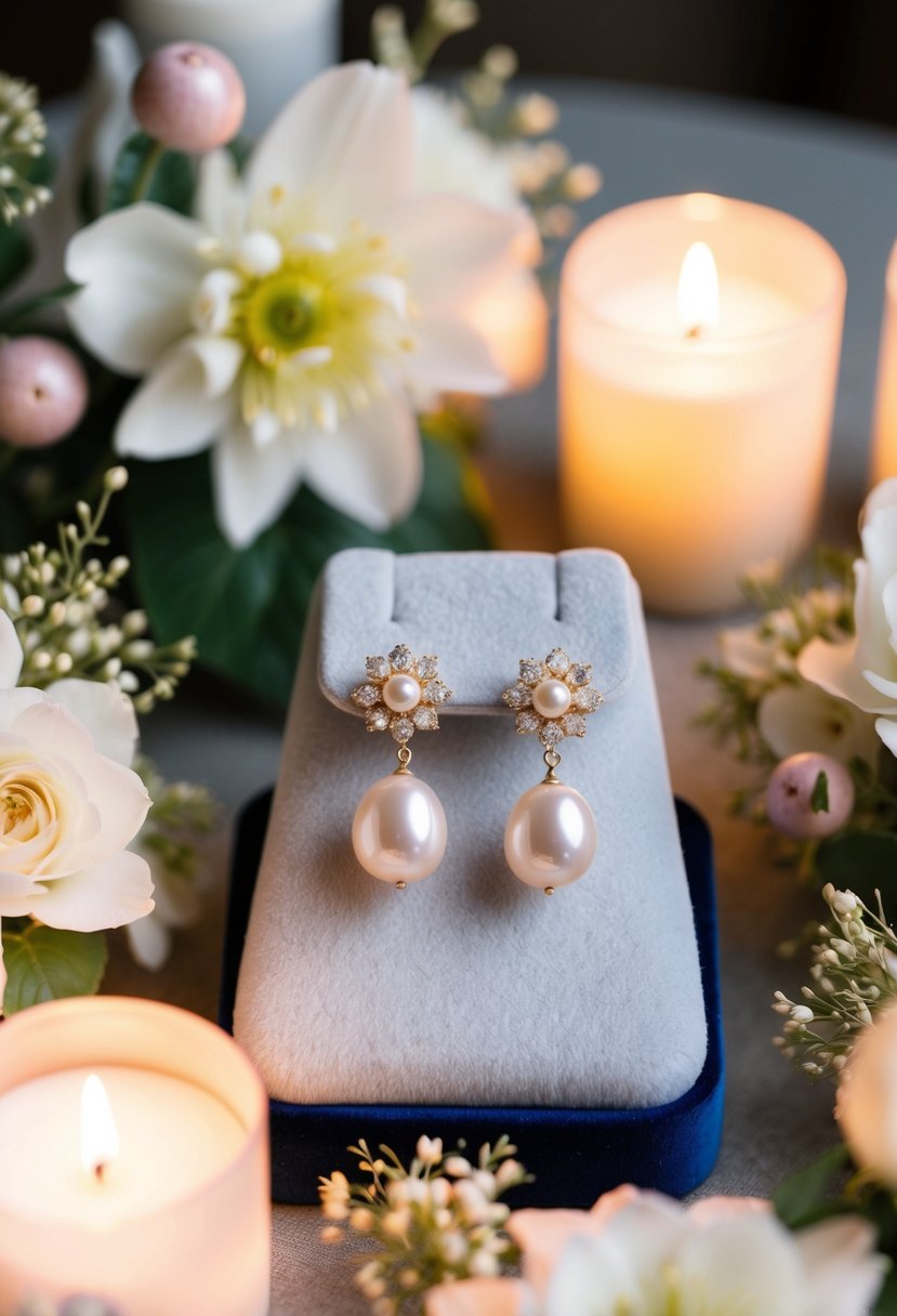 A pair of elegant gold pearl earrings displayed on a velvet cushion, surrounded by delicate floral arrangements and soft candlelight