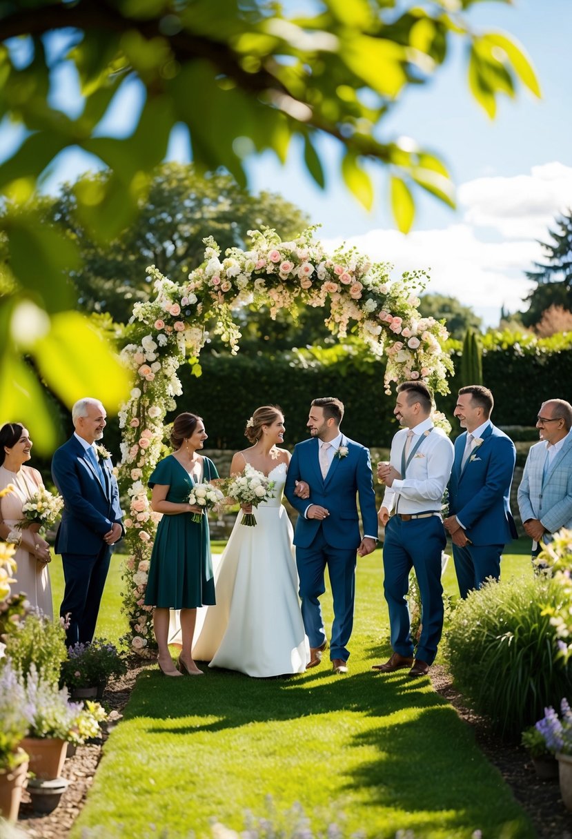 A sunny afternoon in a cozy garden, with a small wedding set up under a blooming archway, surrounded by close friends and family