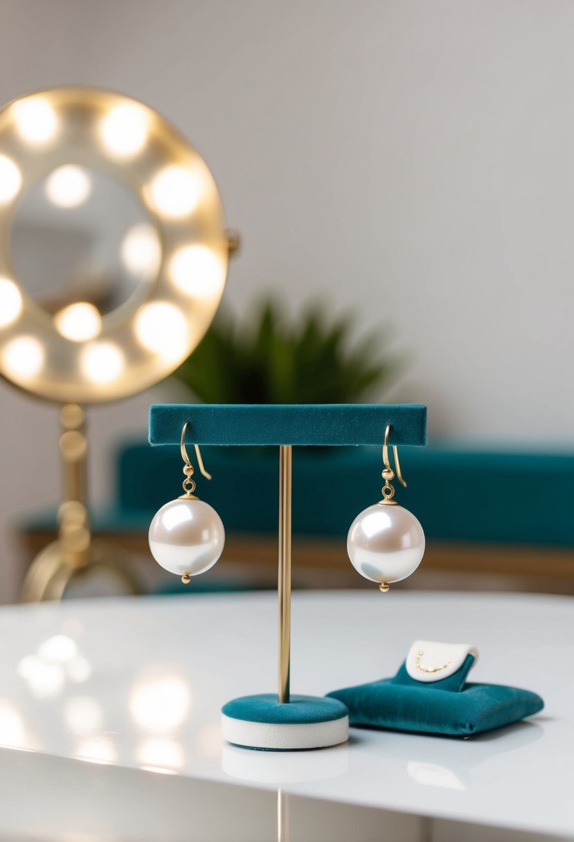 A pair of elegant pearl gold earrings displayed on a velvet jewelry stand in a softly lit studio