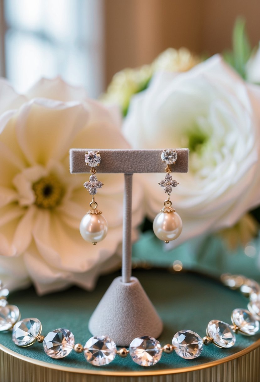 A pair of delicate gold pearl bridal earrings, custom-made and displayed on a velvet jewelry stand, surrounded by sparkling crystals and floral accents