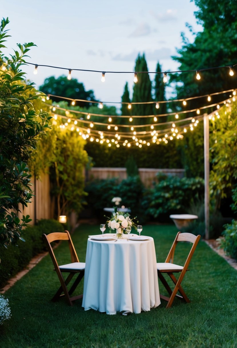 A cozy backyard with a small, elegantly decorated table for a wedding reception, surrounded by twinkling string lights and lush greenery