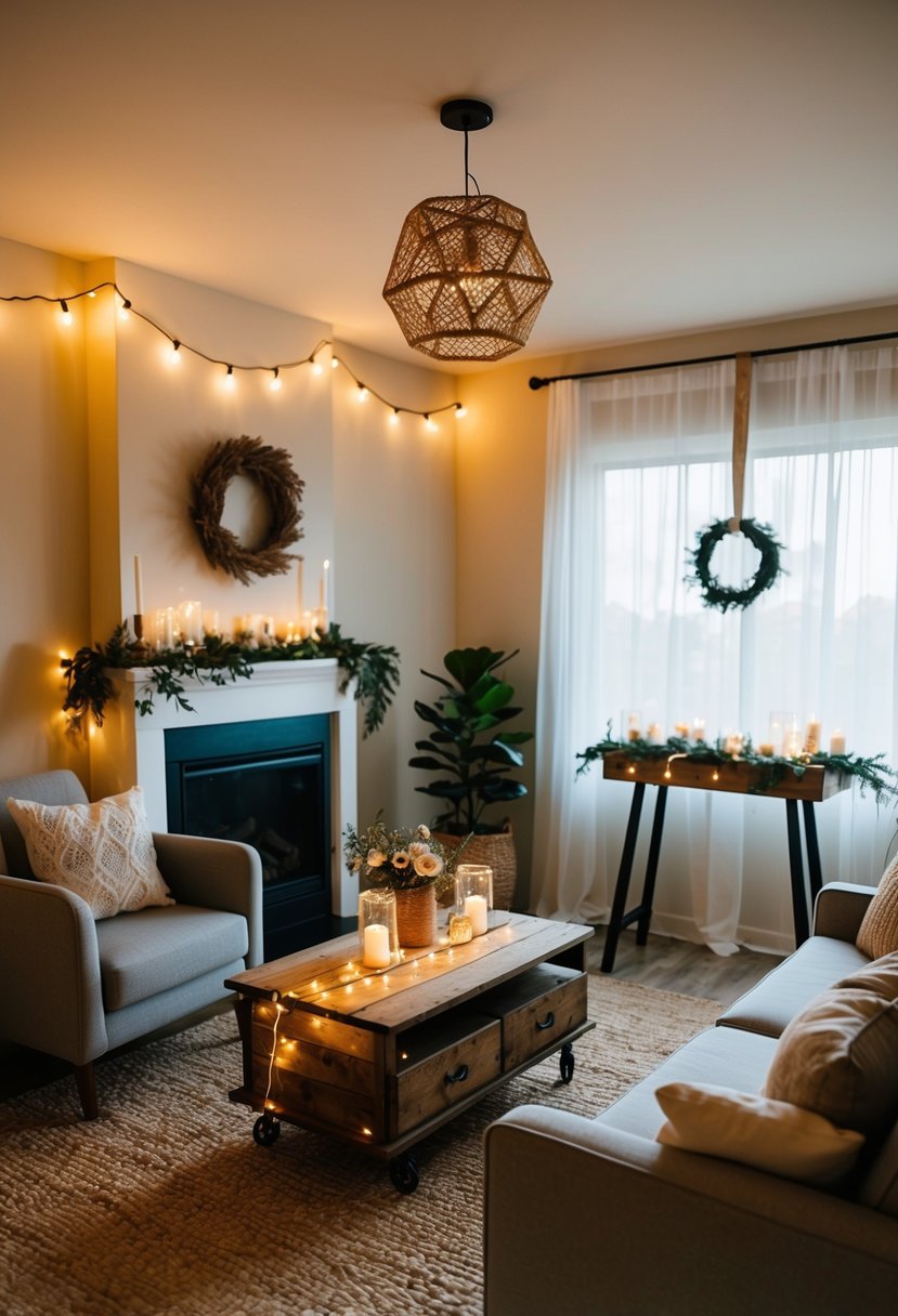 A cozy living room with handmade decorations, twinkling string lights, and a rustic DIY altar for a budget-friendly small wedding