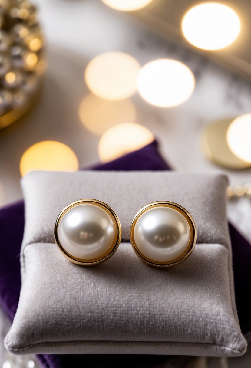 A pair of elegant gold pearl studs rest on a velvet cushion, catching the light in a luxurious setting