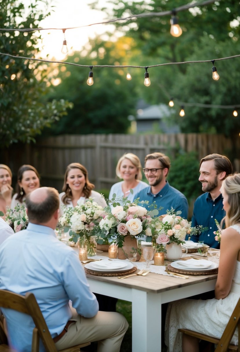 A cozy backyard wedding with simple floral arrangements, string lights, and handmade decor. A small guest list enjoys a casual, intimate celebration