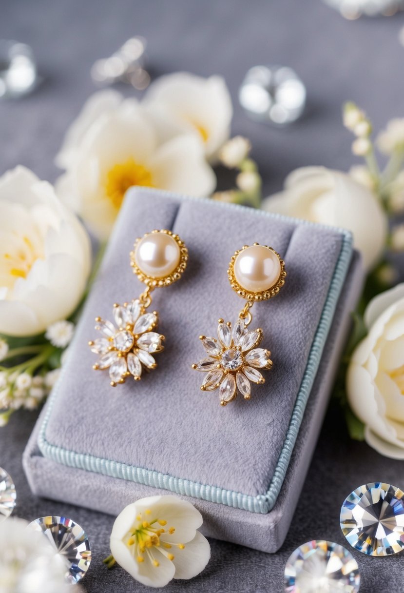 A pair of elegant gold pearl earrings displayed on a velvet cushion, surrounded by delicate flowers and sparkling crystals