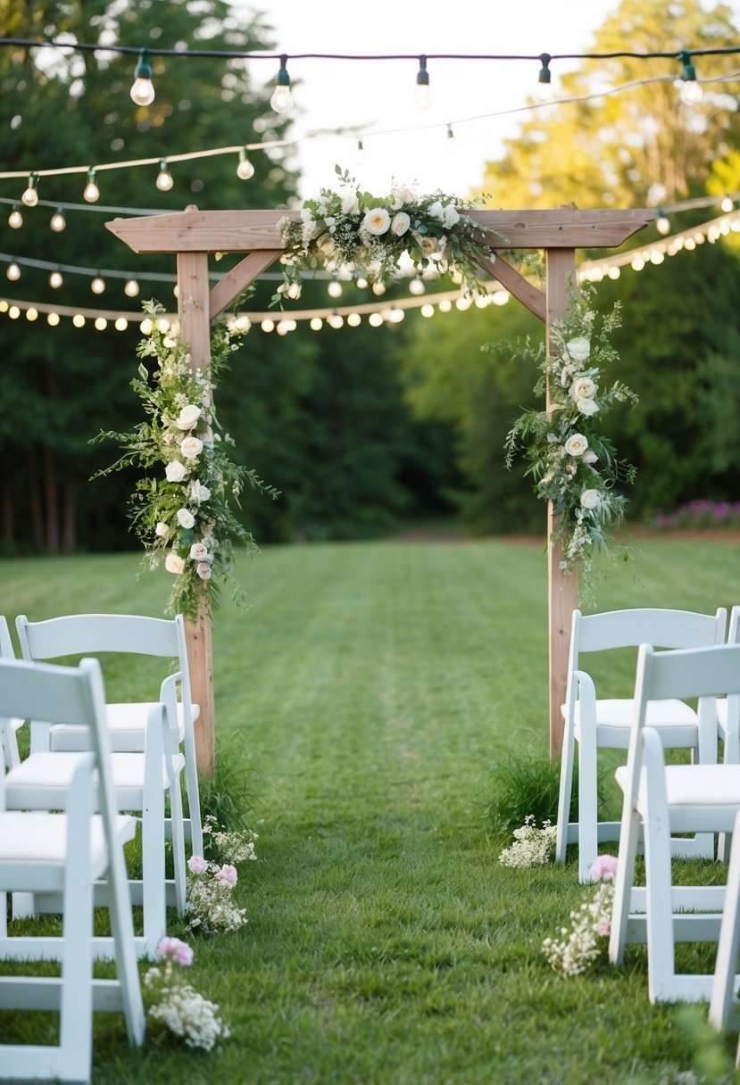 A quaint outdoor garden ceremony with simple white chairs, a rustic wooden arch adorned with wildflowers, and soft string lights hung overhead