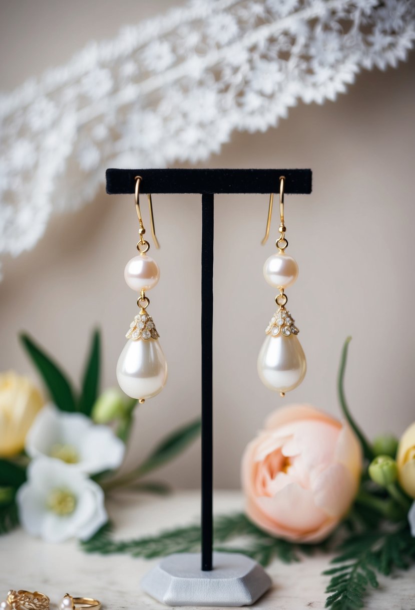 A pair of gold pearl drop earrings hanging from a jewelry stand, surrounded by delicate lace and floral accents