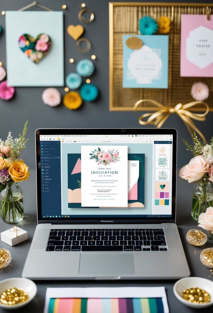 A laptop with a wedding invitation design software open, surrounded by colorful digital design elements and a budget-friendly wedding decor inspiration board