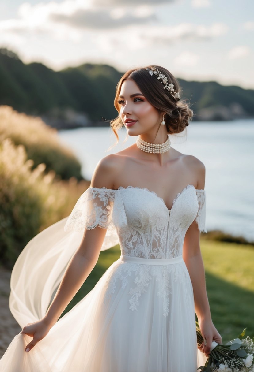 A flowing, off-the-shoulder wedding dress with lace details and a sweetheart neckline, paired with a pearl choker and dainty floral hair accessories