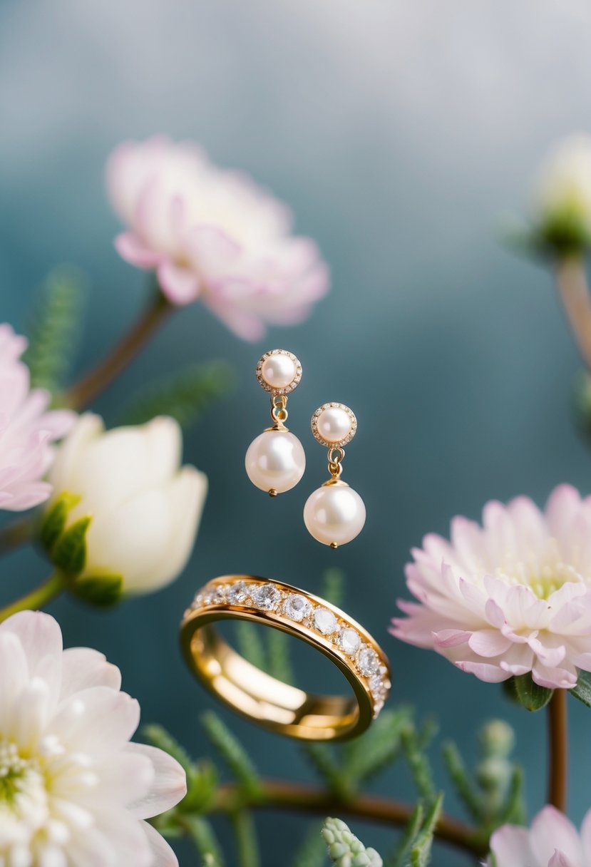 A pair of freshwater pearl earrings floating above a gold wedding band, surrounded by delicate floral accents