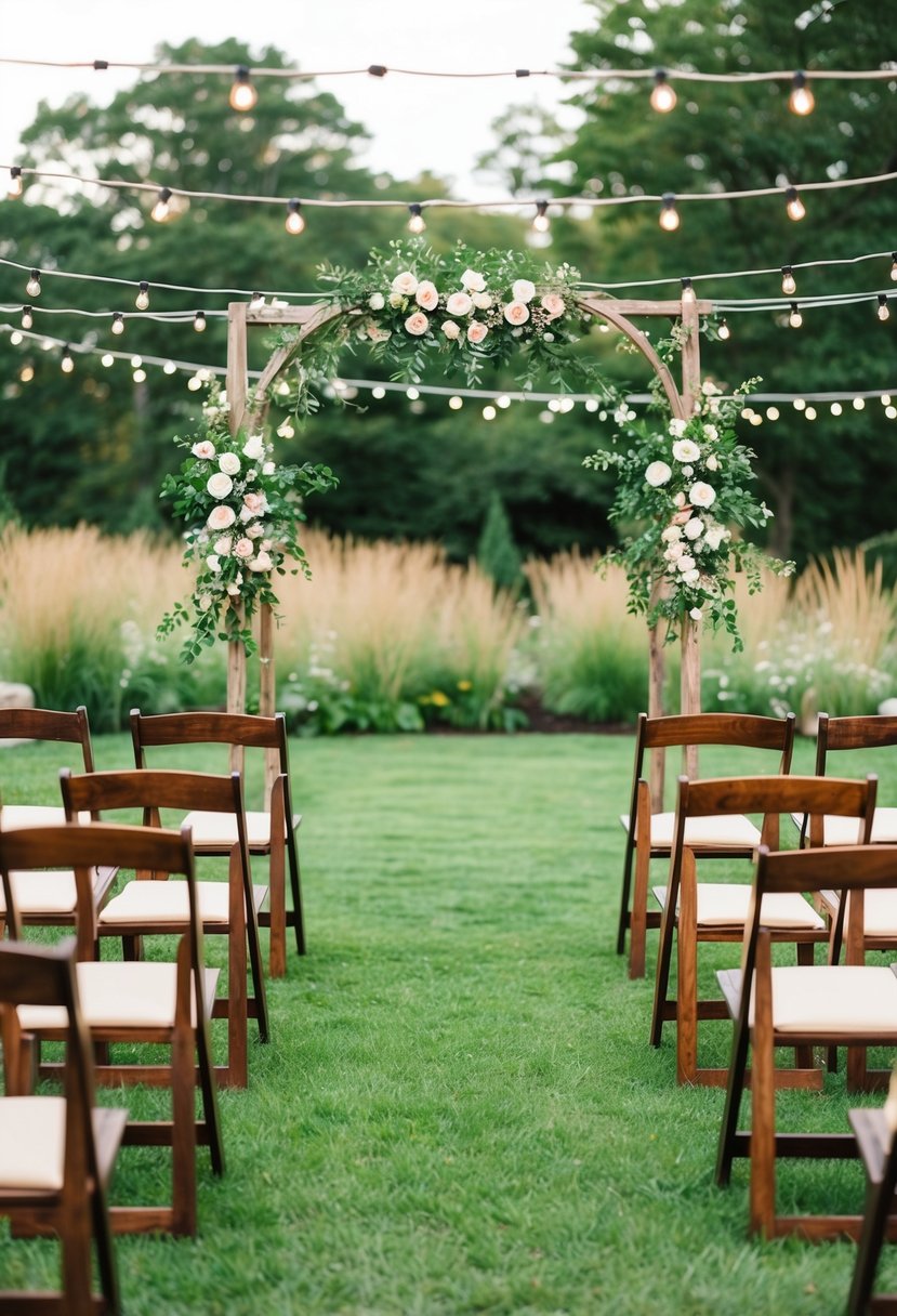 A cozy outdoor garden venue with string lights, simple wooden chairs, and a rustic arch adorned with fresh flowers