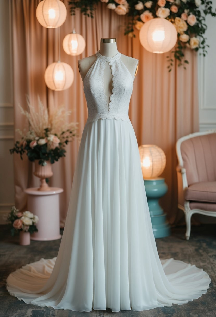 A flowing halter neck wedding dress with lace details, set against a backdrop of vintage 90s-inspired decor and soft, romantic lighting