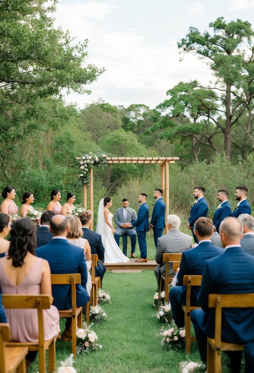 A simple outdoor ceremony with minimal decor, surrounded by nature. A small gathering of loved ones seated on wooden benches