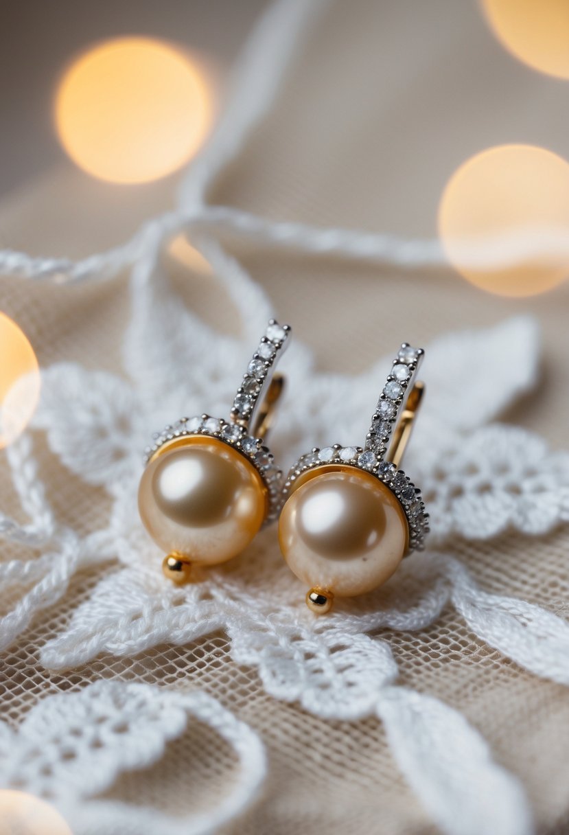 A pair of CZ silver or gold-plated earrings with gold pearls, arranged on a delicate lace fabric with soft lighting