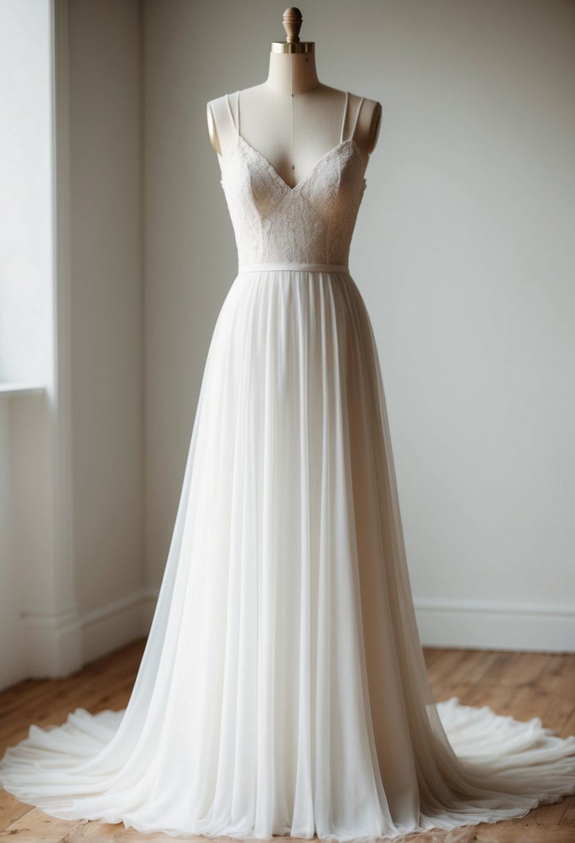 A flowing, minimalist wedding dress with spaghetti straps, delicate lace, and a simple silhouette. A soft, romantic 90s aesthetic with a hint of vintage charm