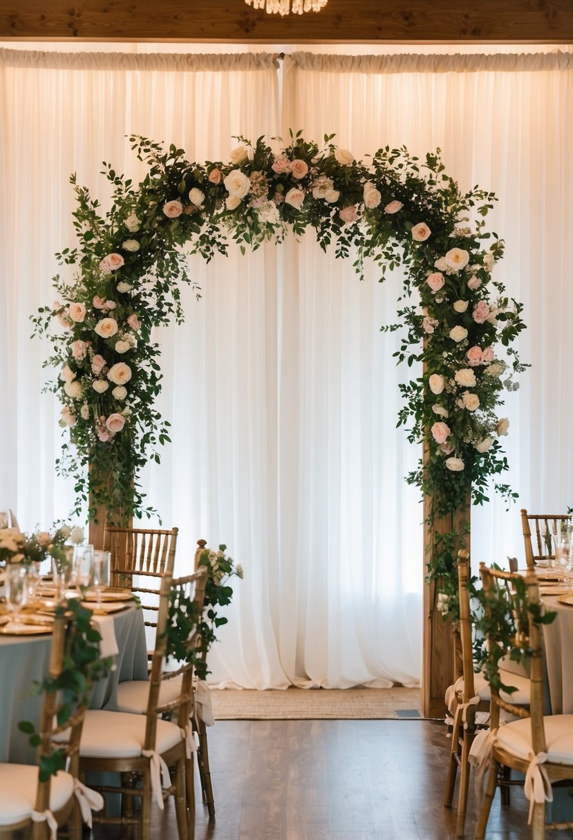 The ceremony arch is transformed into a backdrop for the reception. Floral arrangements are repurposed as table centerpieces. A cozy and intimate setting is created with budget-friendly decor