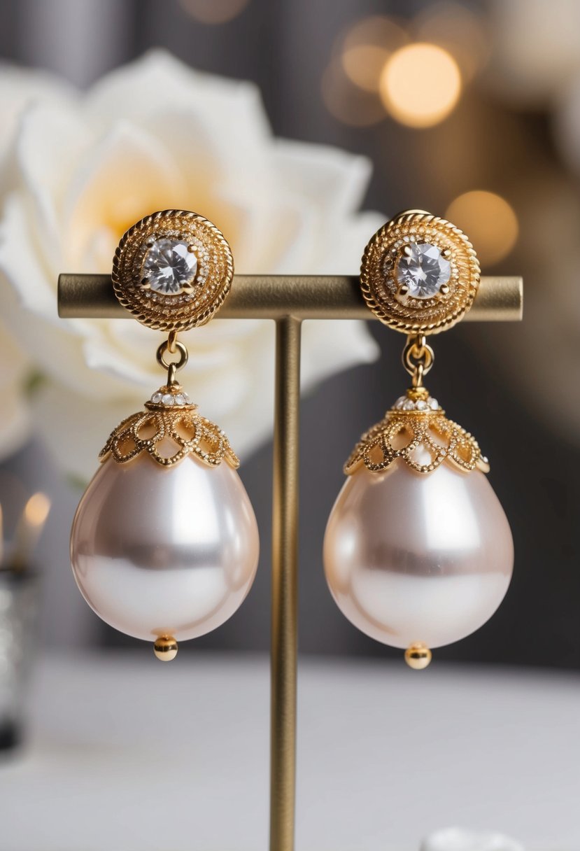 A pair of 4" shoulder duster pearl earrings in gold, with intricate details and a luxurious, elegant design, perfect for a wedding