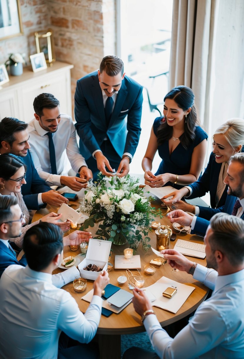 A group of friends and family gather around a table, exchanging various items and discussing wedding plans. A sense of camaraderie and support is evident in the scene