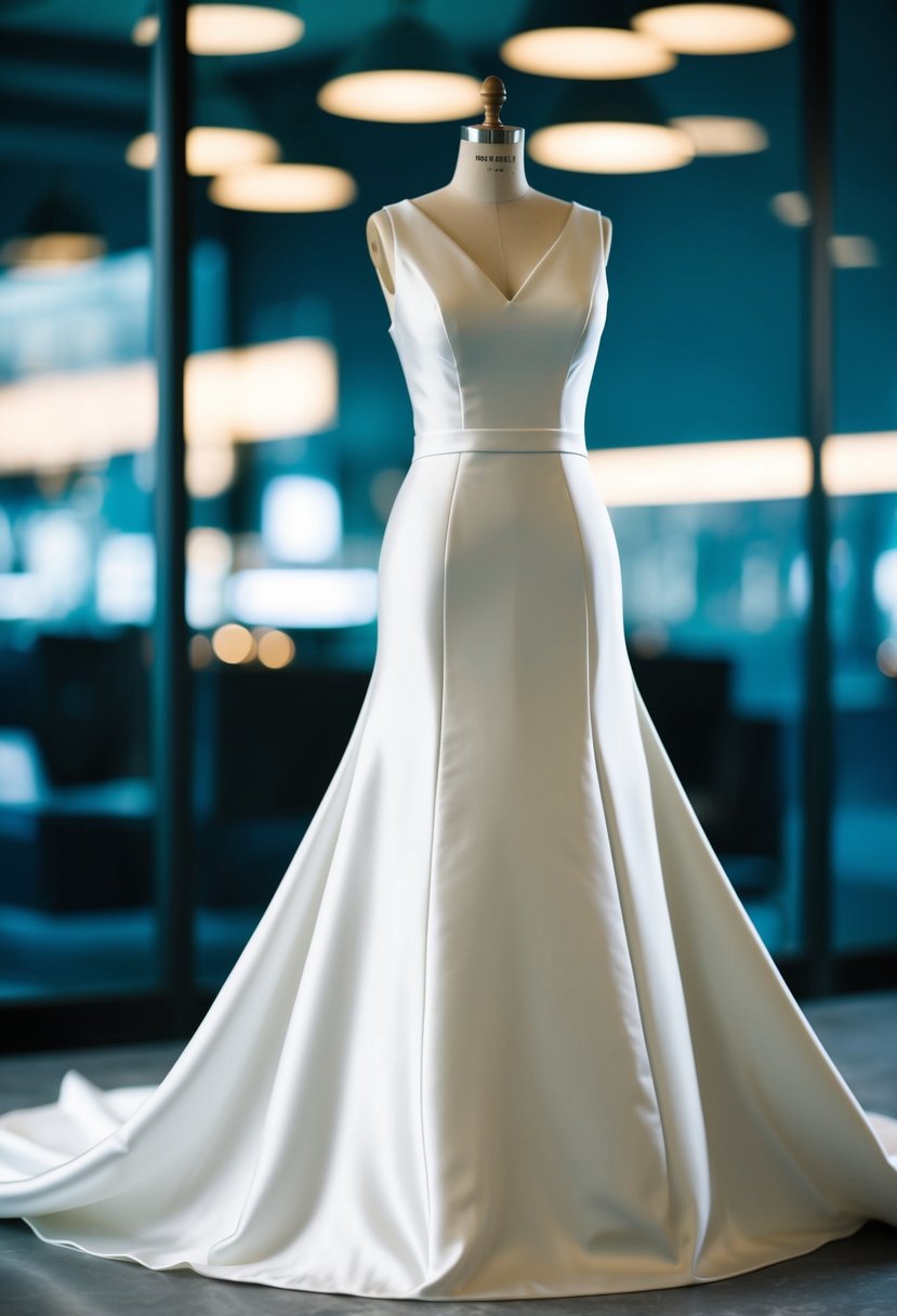 A sleek, satin wedding dress with clean lines and minimalistic design, exuding a 90s aesthetic