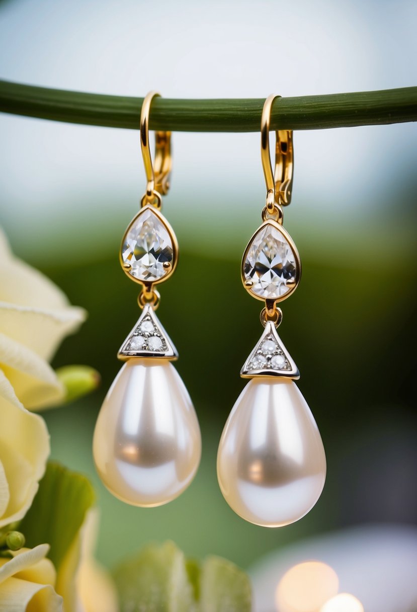 A pair of teardrop pearl earrings with CZ crystals, delicately hanging from a gold setting, catching the light at a wedding reception