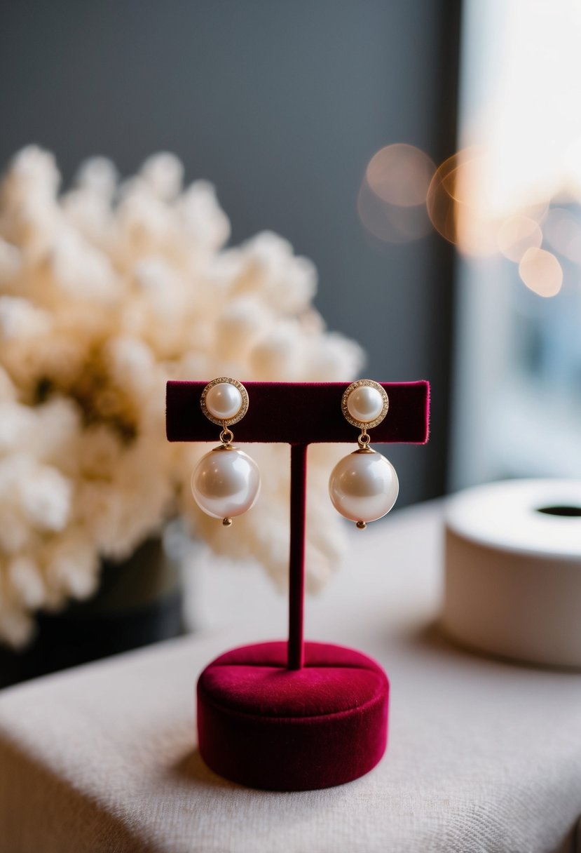 A pair of round gold pearl earrings displayed on a velvet cushion with soft lighting