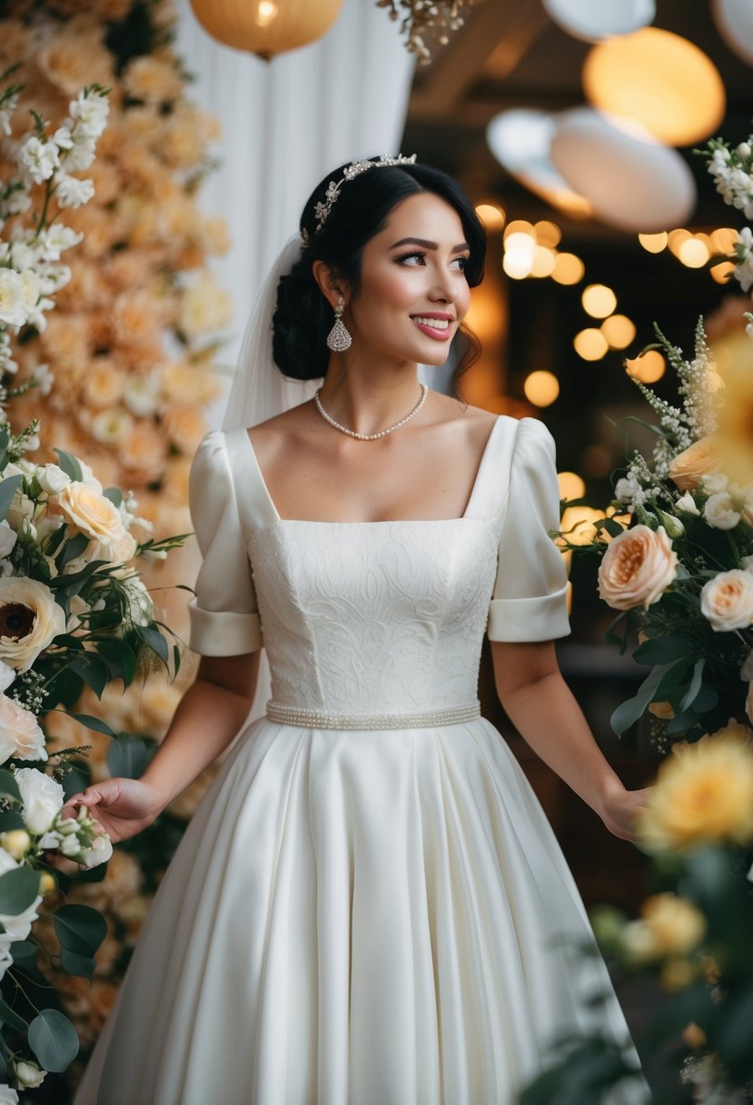 A bride in a square neckline charm 90s aesthetic wedding dress, surrounded by vintage decor and flowers