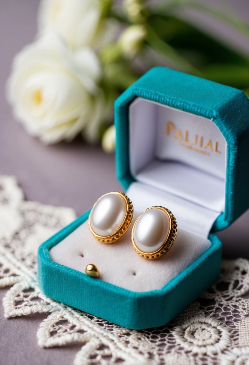 A pair of oval pearl bridal studs in gold, resting on a velvet jewelry box with delicate lace and flowers in the background