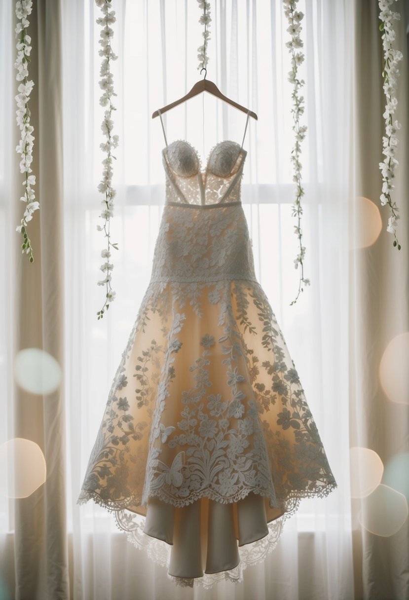 A 3-D floral lace wonder wedding dress suspended in a soft, ethereal light, with delicate details and a 90s aesthetic vibe