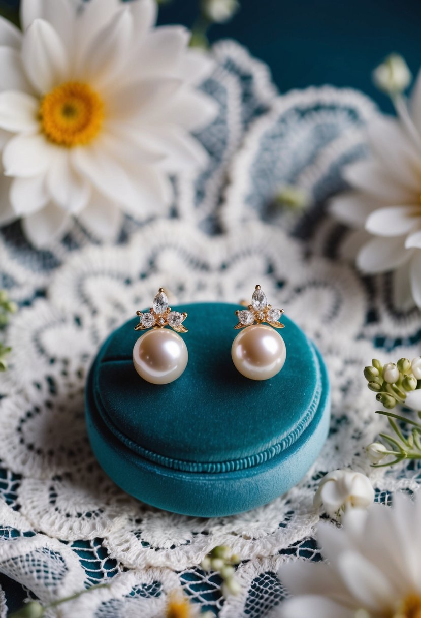 A pair of elegant gold pearl earrings displayed on a velvet cushion, surrounded by delicate lace and floral details