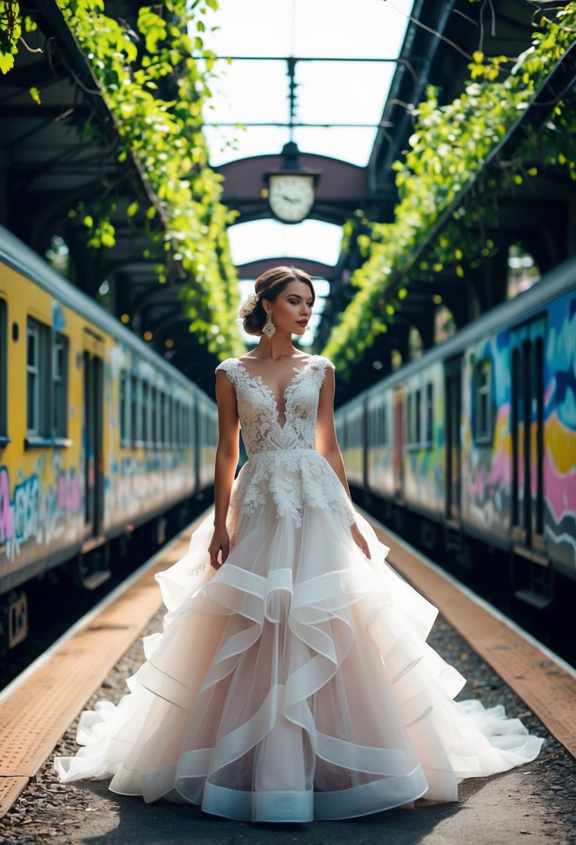 A vintage train station with overgrown vines and colorful graffiti, showcasing a 90s-inspired wedding dress with layers of lace and tulle