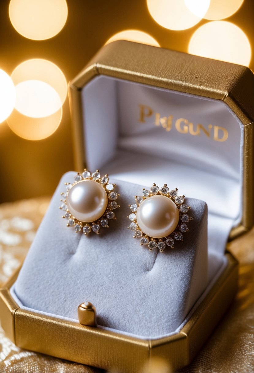 A pair of elegant gold pearl earrings displayed on a luxurious velvet cushion, surrounded by soft golden light