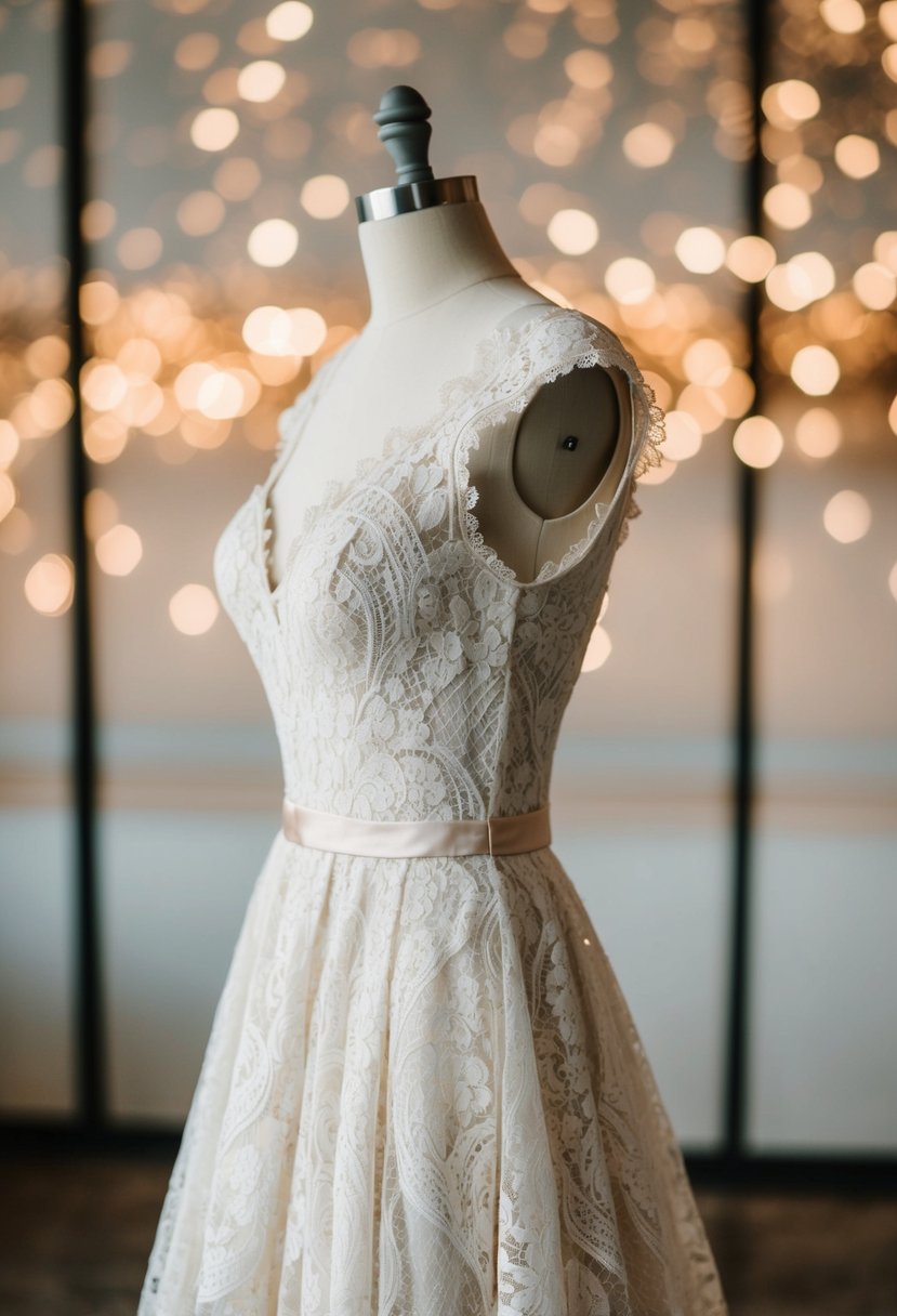 A vintage lace wedding dress with 90s aesthetic, intricate patterns, and delicate details