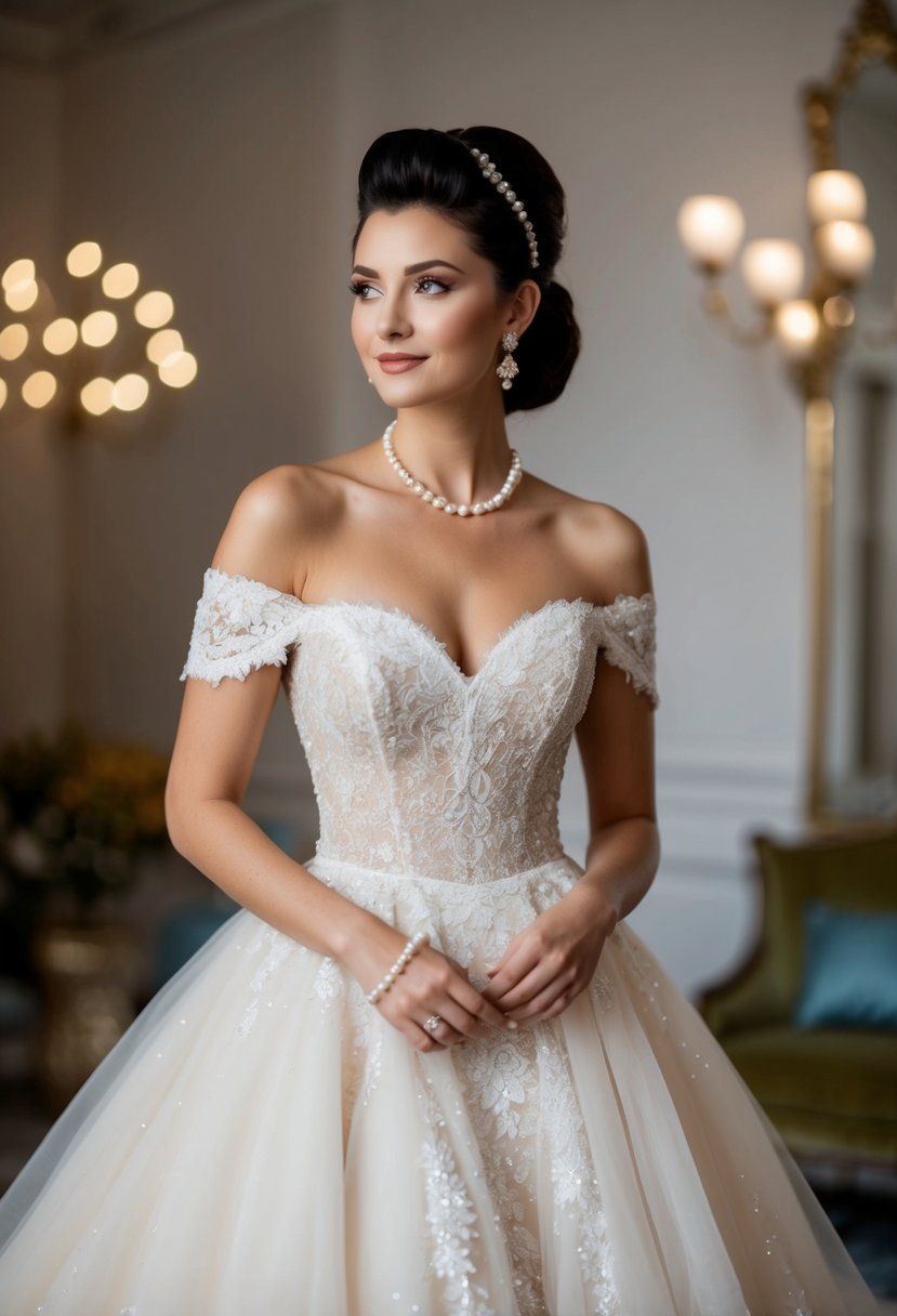 A flowing, off-the-shoulder wedding gown with a sweetheart neckline, adorned with delicate lace and shimmering sequins. Pearl accessories and a sleek updo complete the Old Hollywood Glamour 90s aesthetic