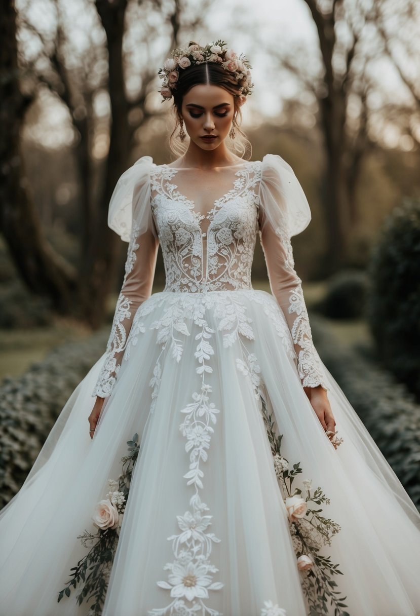 A whimsical gothic-inspired wedding dress with 90s romantic revival aesthetics, featuring lace, tulle, and delicate floral embroidery