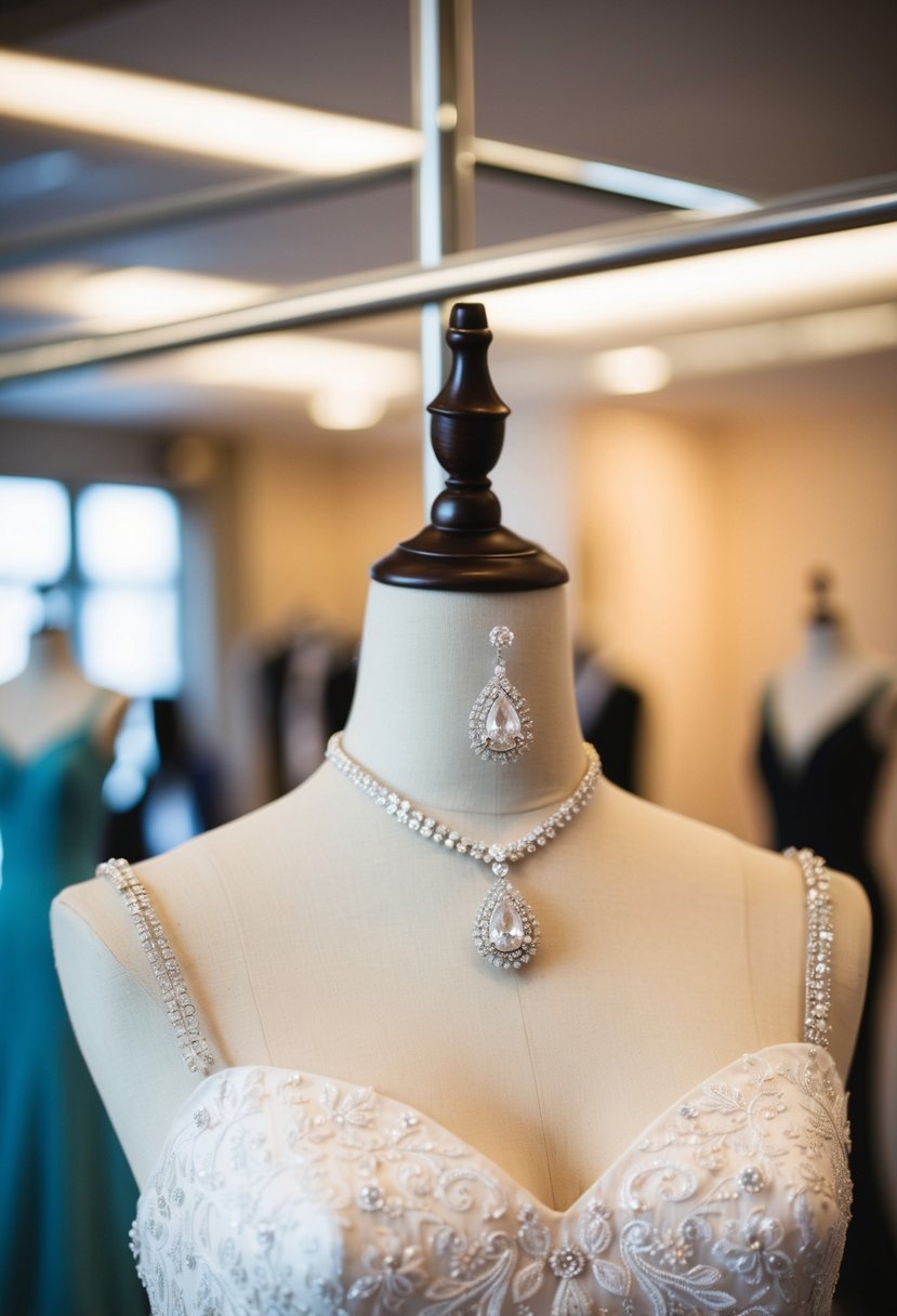 A square neck wedding dress with elegant earrings on a display stand