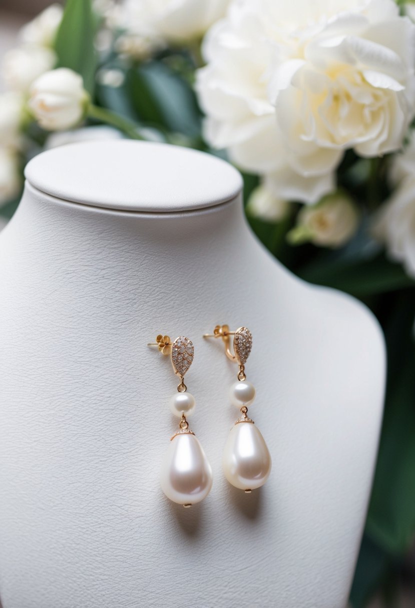 A delicate pair of pearl drop earrings displayed next to a square neck wedding dress, inspiring elegant earring ideas for the occasion