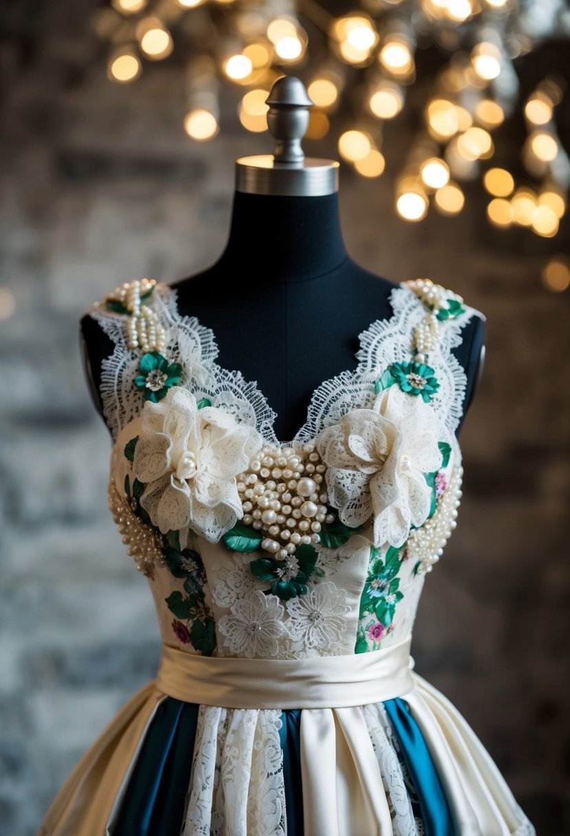 A vintage 90s-inspired wedding dress made from upcycled materials, featuring floral lace, satin, and pearl embellishments