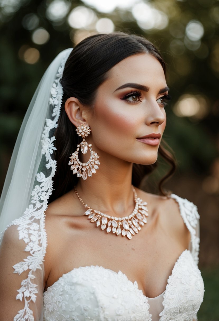 A square neck wedding dress adorned with rose gold chandelier earrings