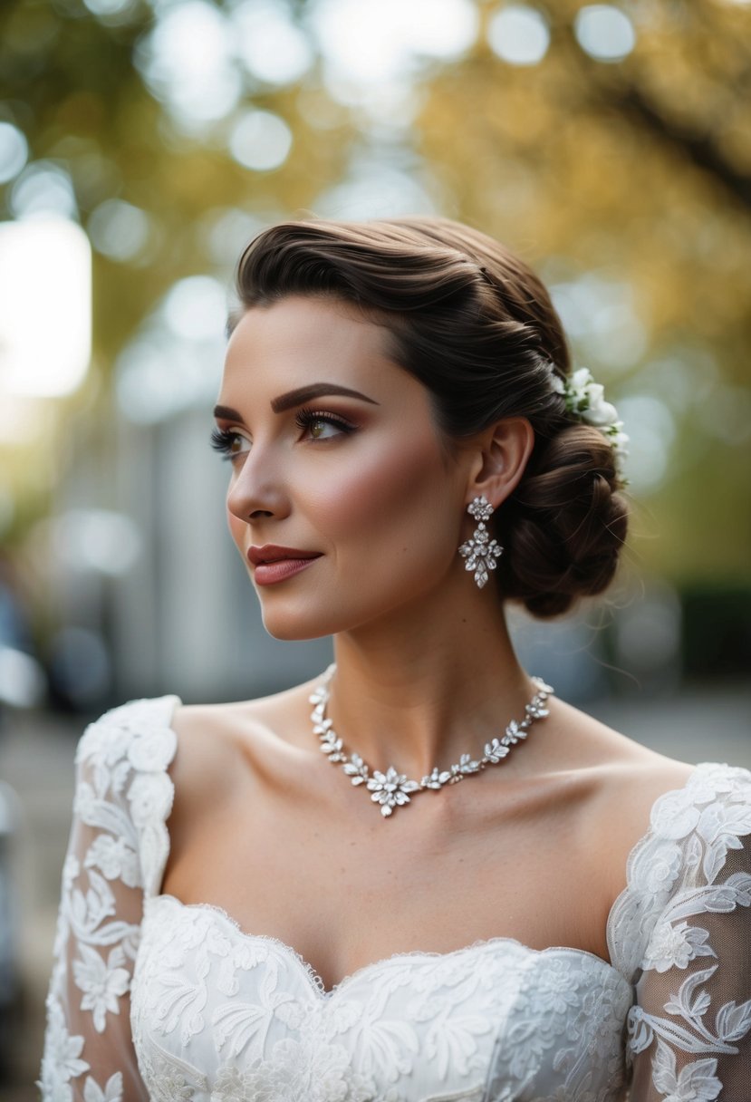 A vintage-inspired square neck wedding dress with elegant stud earrings