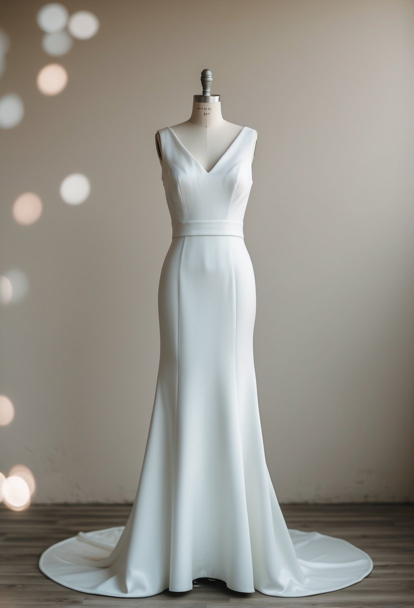 A simple, sleek wedding dress with clean lines and minimal fabric choices, featuring a 90s aesthetic with a hint of nostalgia