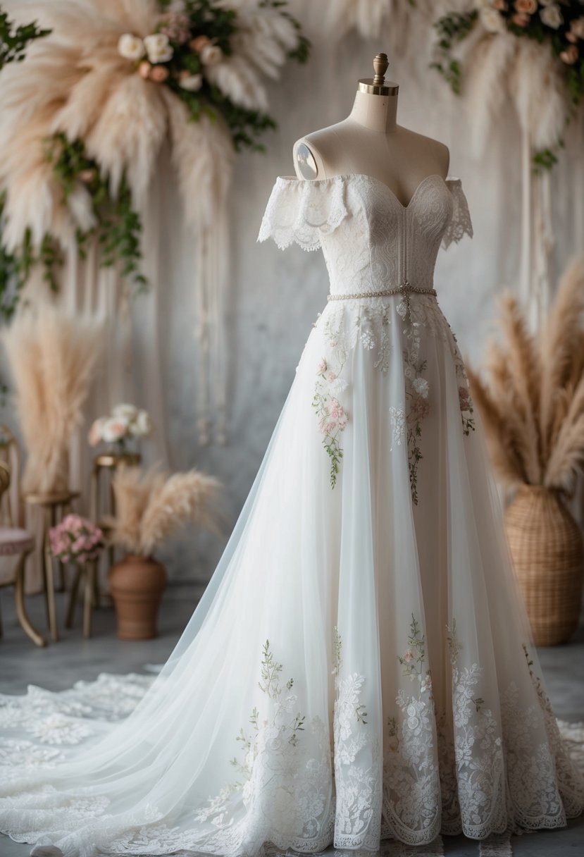 A flowing, off-the-shoulder wedding dress adorned with lace, floral embroidery, and delicate beading, set against a backdrop of whimsical, bohemian-inspired decor