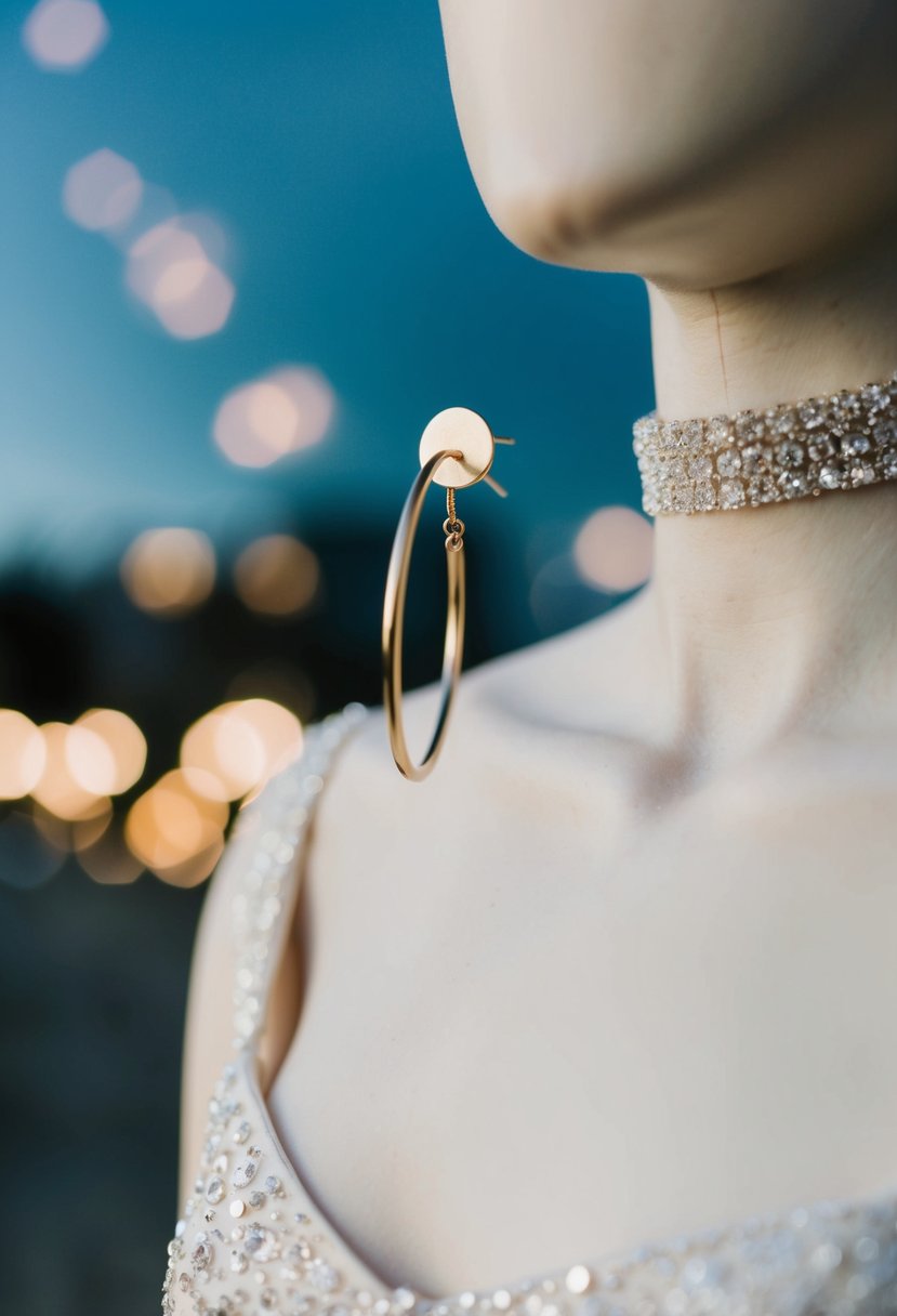 A minimalist hoop earring hangs next to a square-neck wedding dress