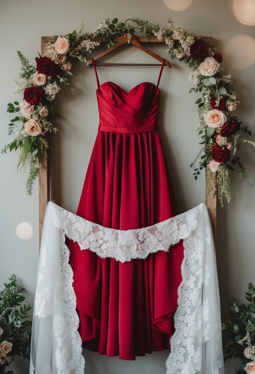 A red wedding dress hanging from a rustic wooden hanger, surrounded by delicate lace and floral accents