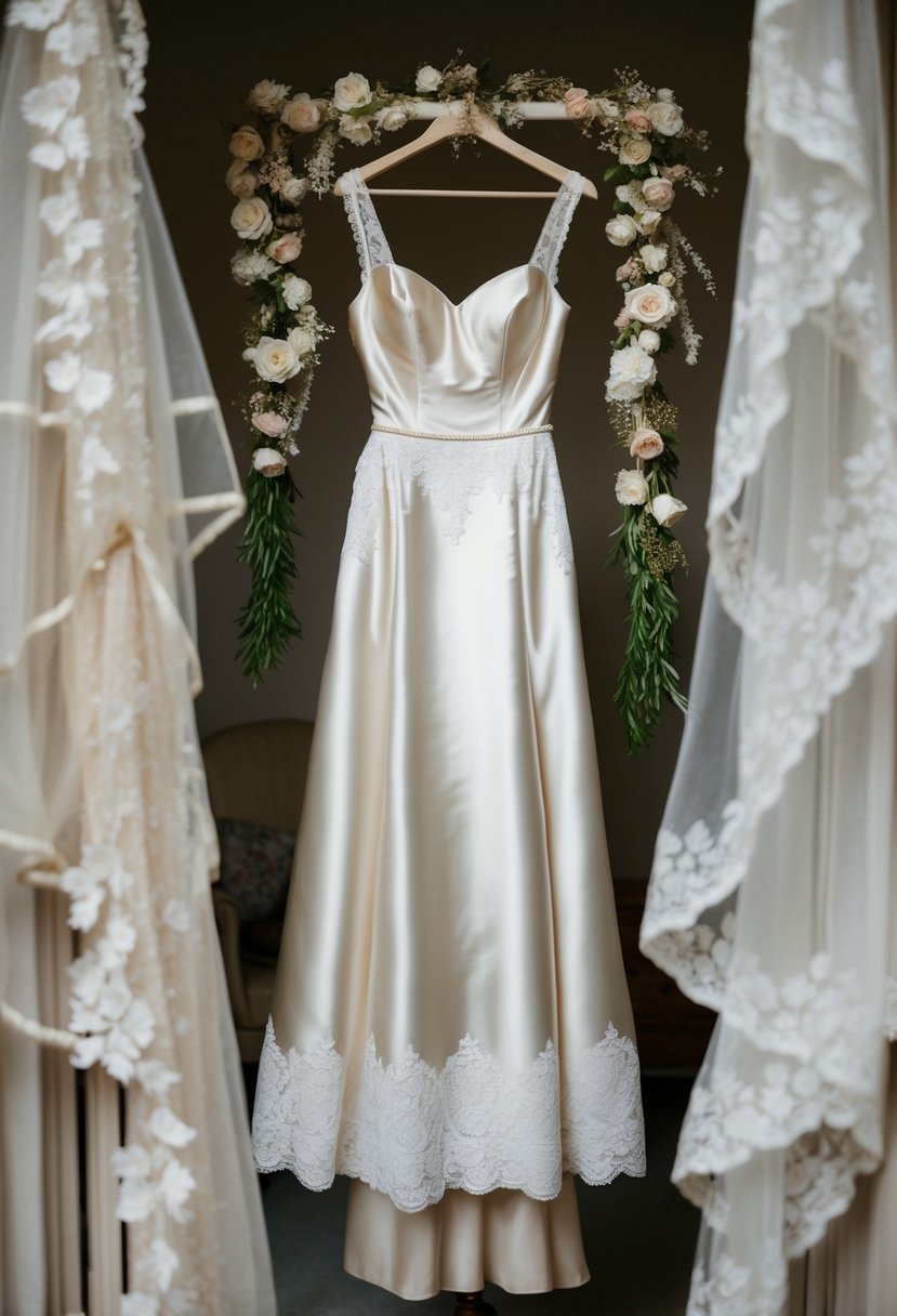 A lace-trimmed satin gown hangs on a vintage dress form, surrounded by delicate floral accessories and antique lace veils