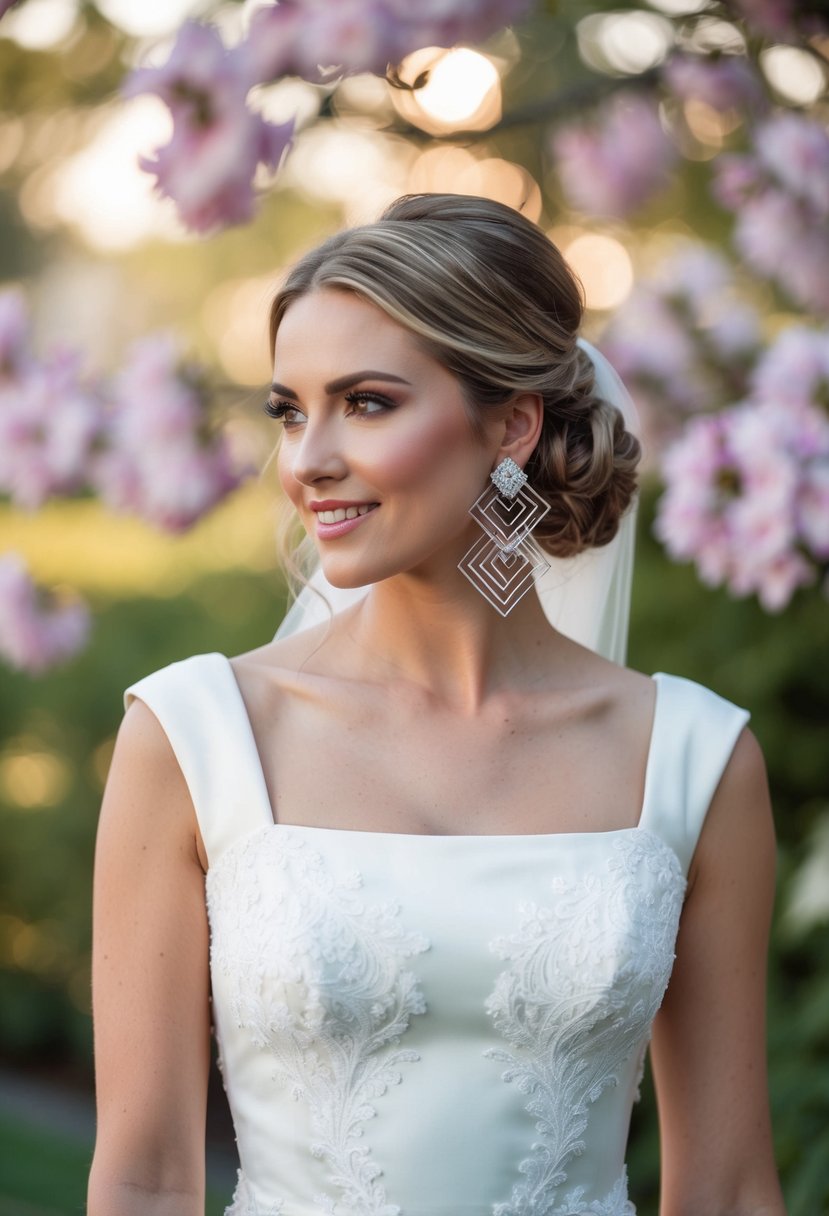 A bride in a square-neck wedding dress wearing statement geometric earrings